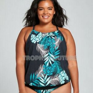 LANE BRYANT CACIQUE SWIM DESERT PALMS NO WIRE BRA BLOUSON TANKINI TOP